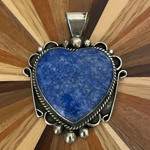 Elegant Navajo Lapis & Silver Heart Pendant-Large and Marked